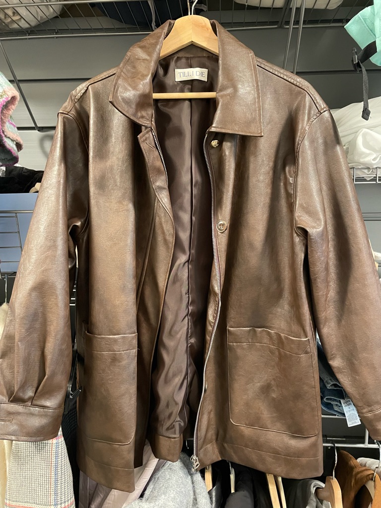 Tillidie Korean Brown Eco Leather Pocket Jacket